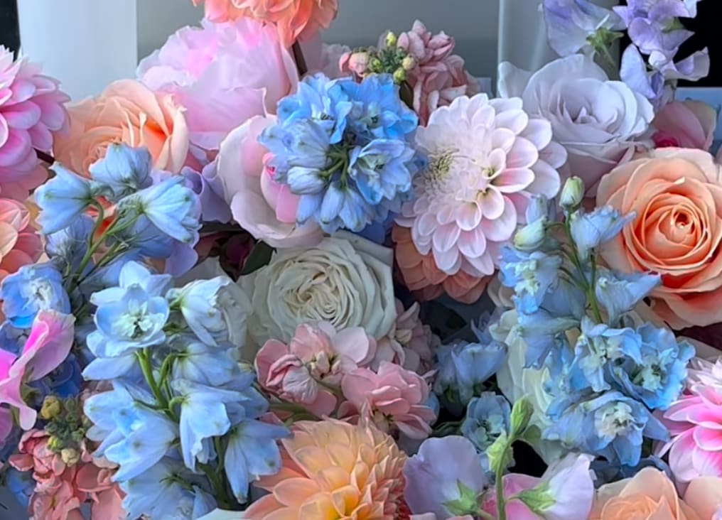 Pinks and blues with peach hues Designer's Choice  - Let our designers create a beautiful arrangement with the freshest Flowers of the season! The pictured  flower arrangement does not reflect the specific content not color scheme of this arrangement as collection and design style choice are left to the designer's discretion.