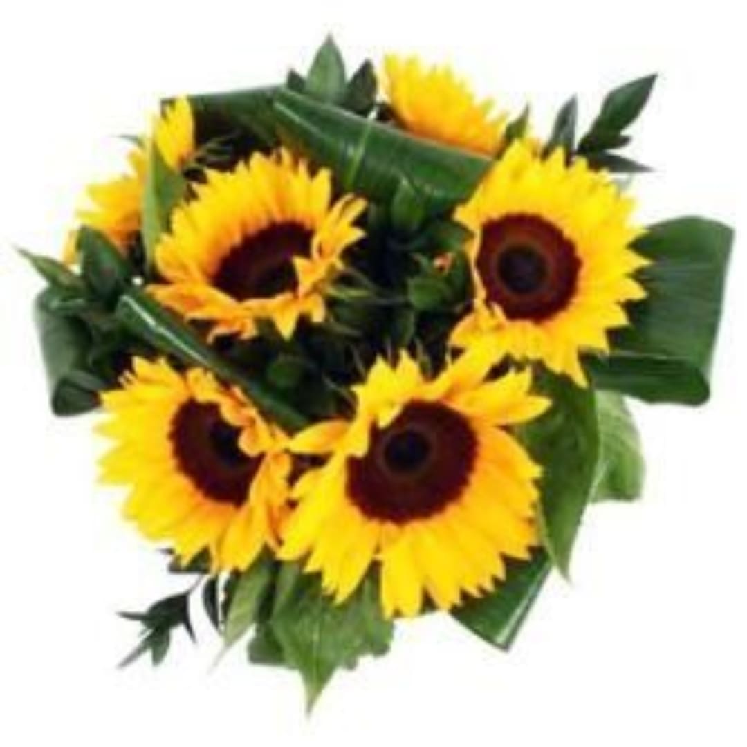 Bouquet of yellow sunflowers with dark centers and green leaves