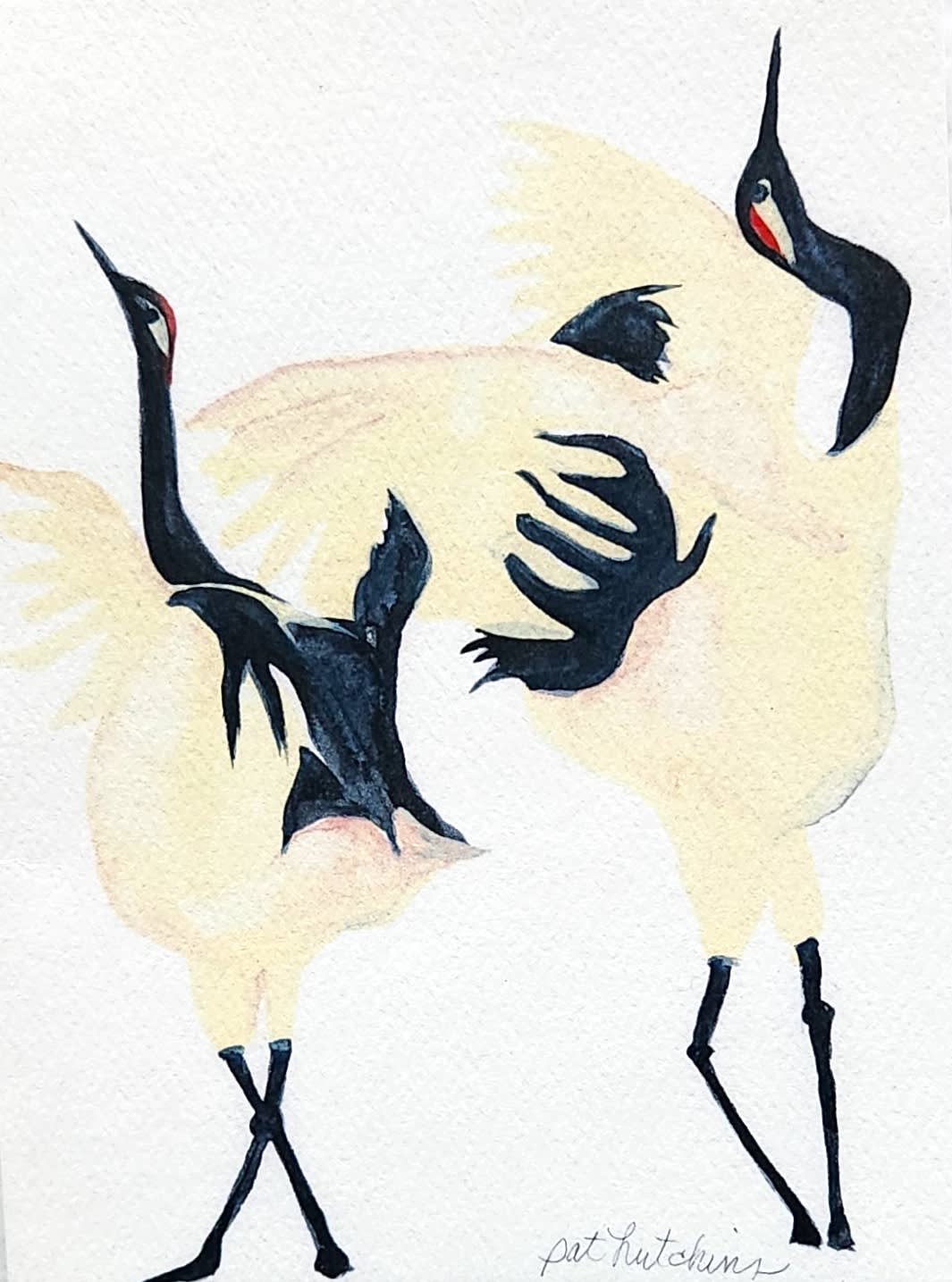 Watercolor painting of two white cranes with black necks and red facial markings