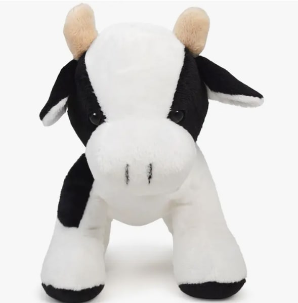 Black-and-white plush cow toy facing forward