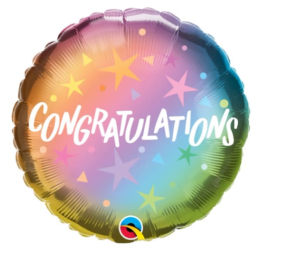 Round rainbow balloon with "Congratulations" text and star pattern