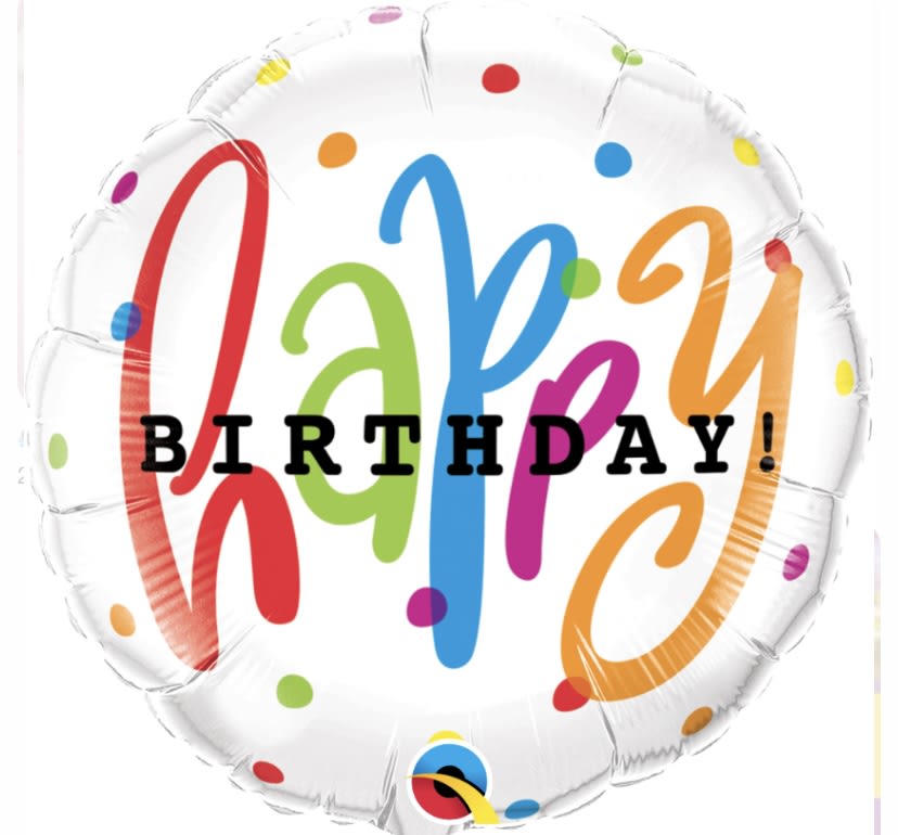 Round birthday balloon with colorful confetti dots and "Happy Birthday" text