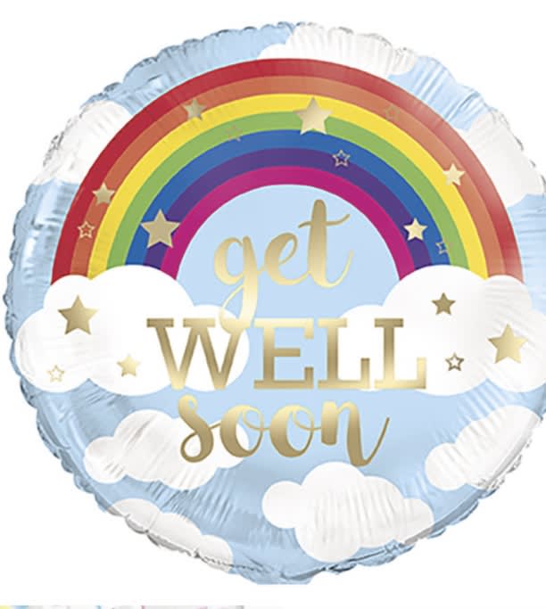 Rainbow foil balloon with clouds and the words get well soon