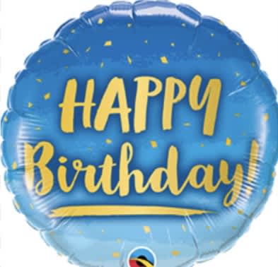 Blue birthday balloon with yellow "Happy Birthday" text