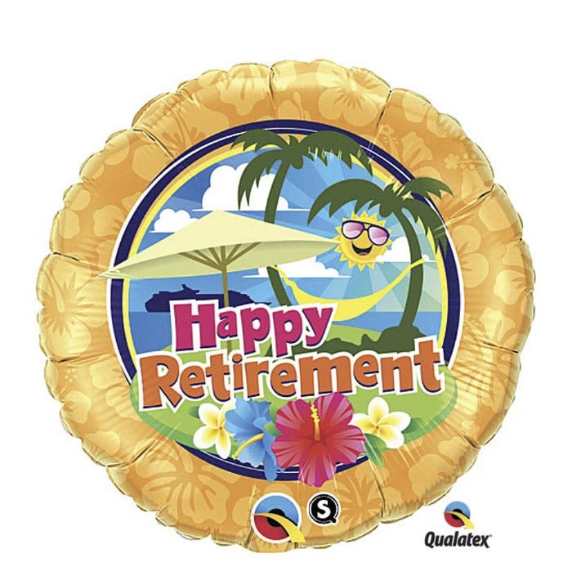 Round balloon with "Happy Retirement" text and tropical beach graphics