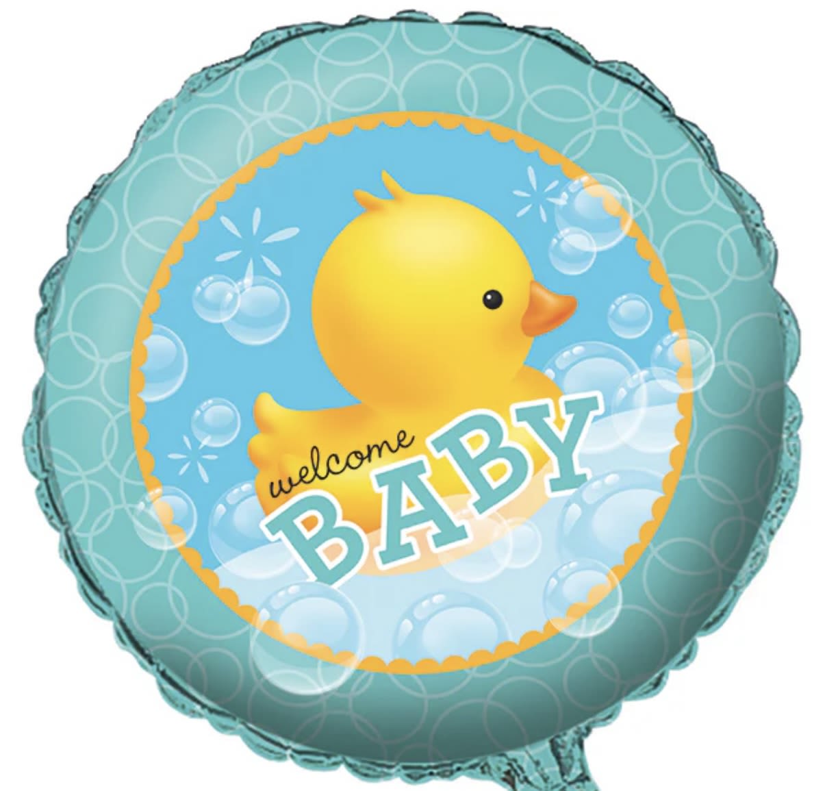 Round teal balloon with a yellow duck and the words welcome BABY