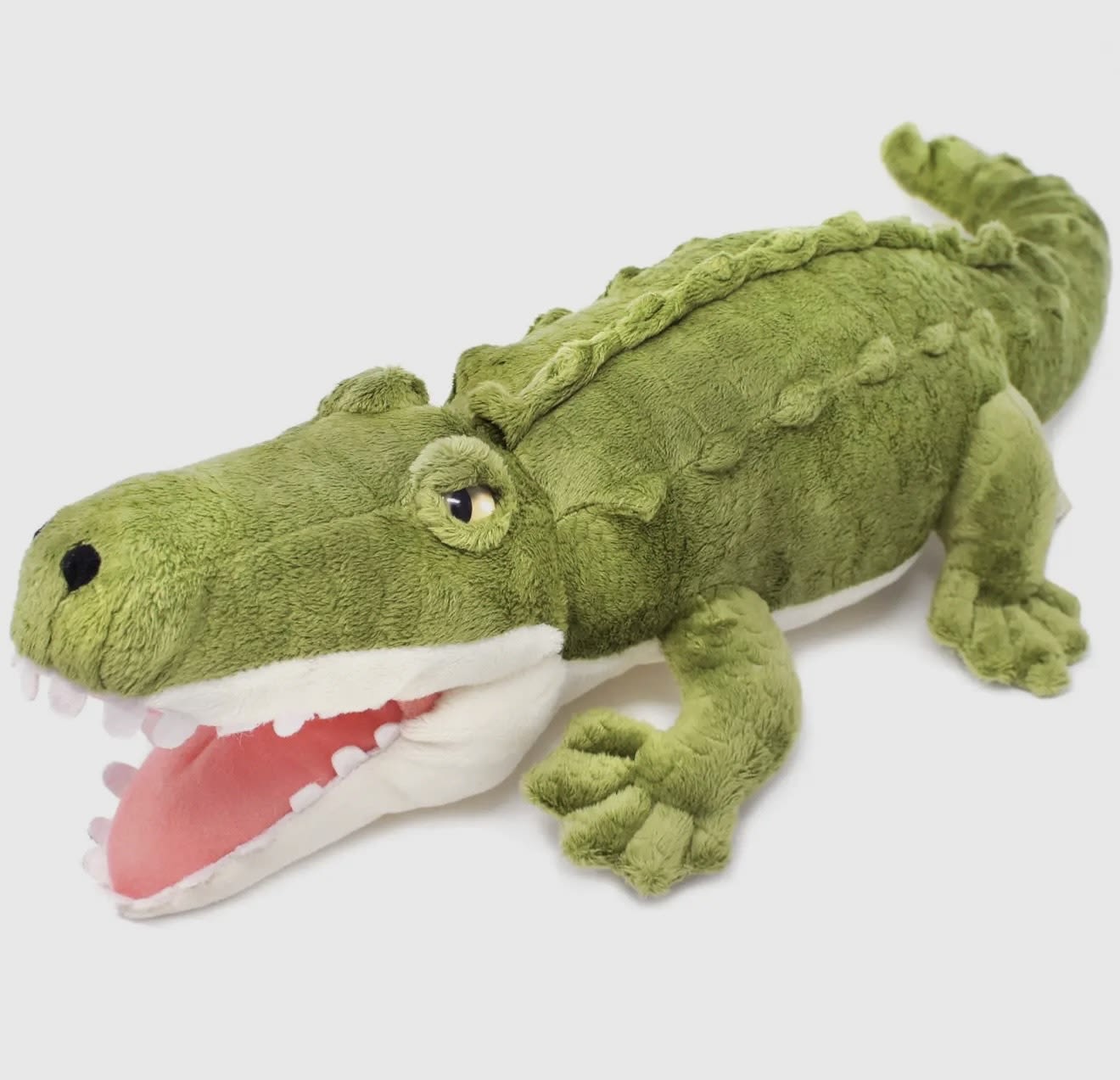 Green crocodile plush toy with open mouth