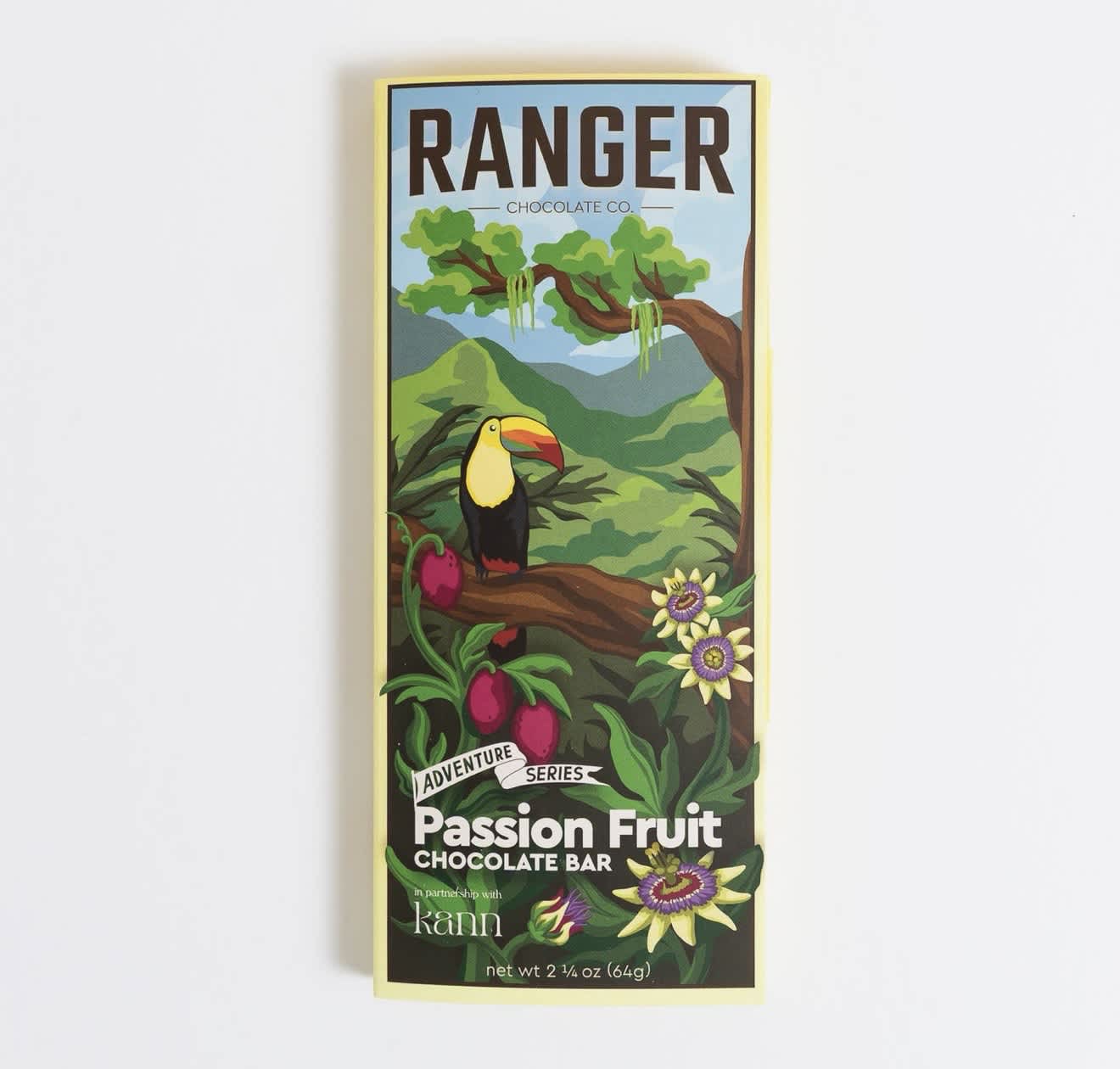 Passion fruit chocolate bar in a yellow wrapper with tropical artwork