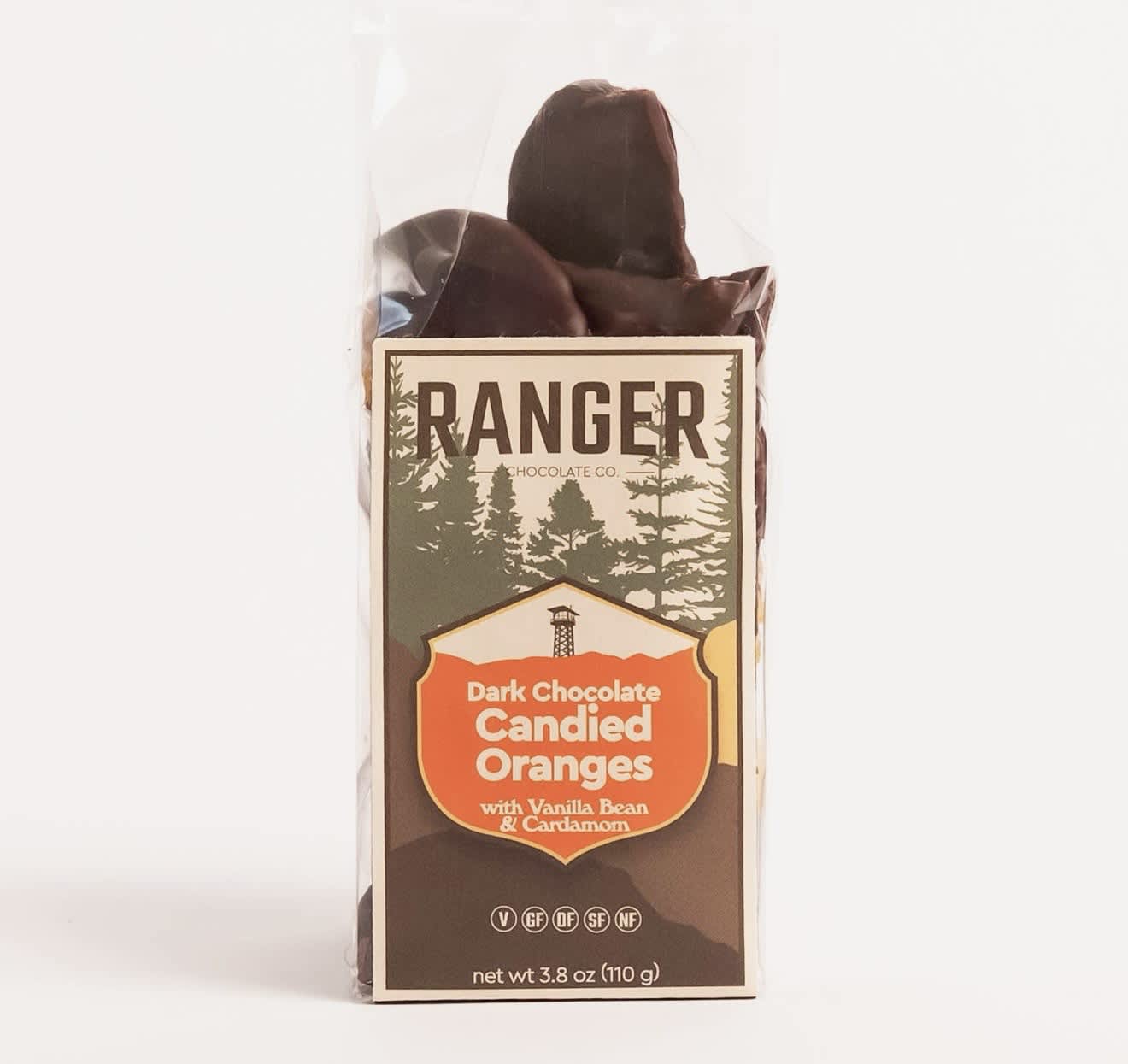 Package of dark chocolate candied oranges in clear wrapping