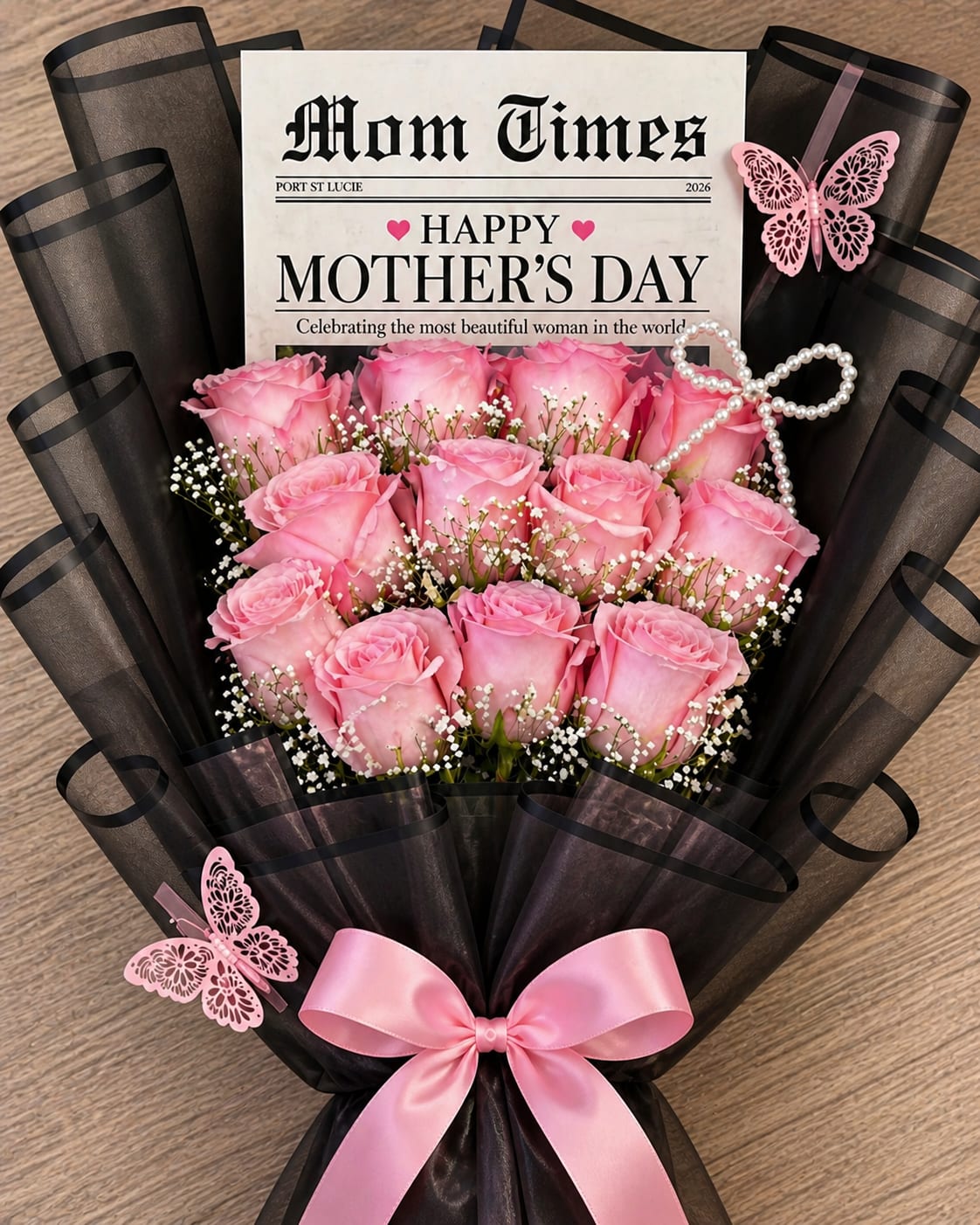 Mom Times Pink - A dozen vibrant roses, elegantly arranged in newspaper print, with "Mom Times" message.