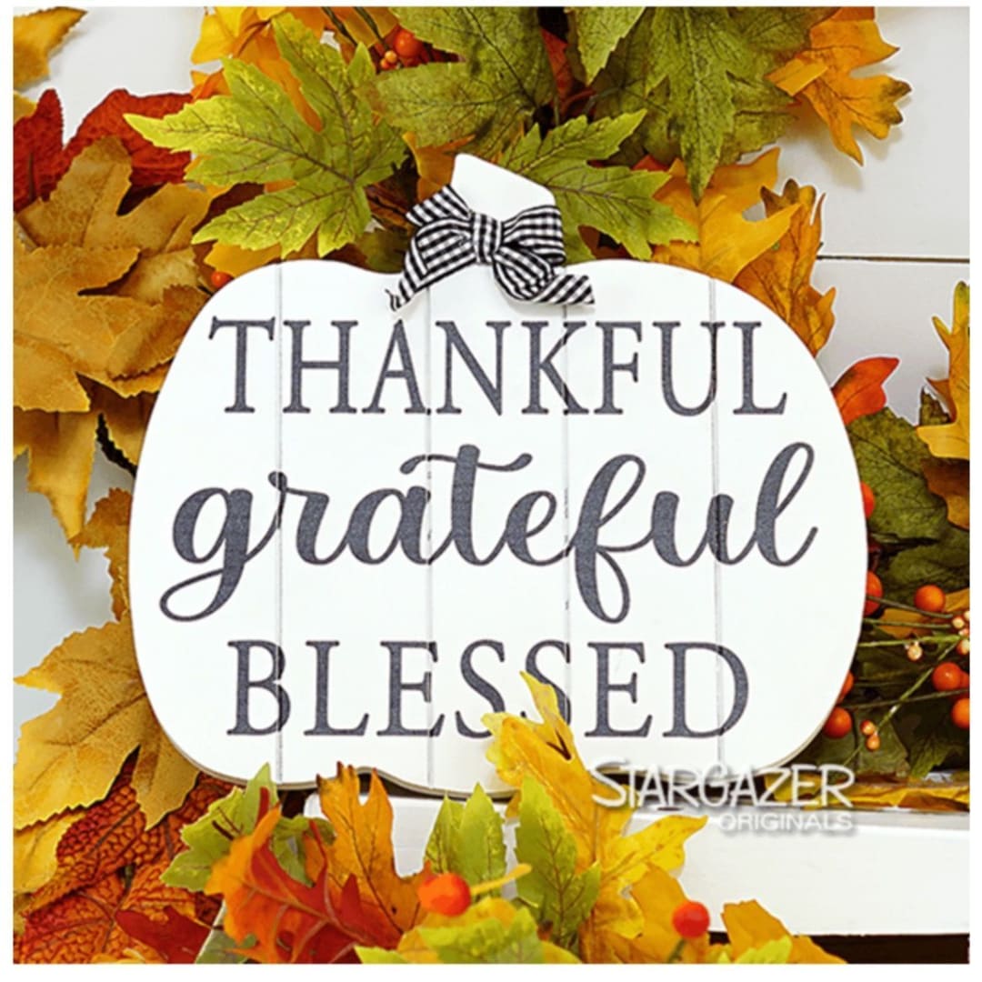 Thankful Blessed sign surrounded by autumn leaves