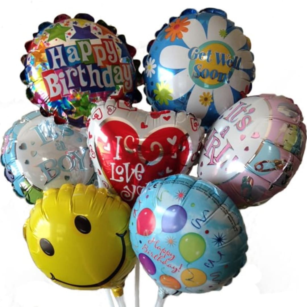 Cluster of colorful birthday and get well balloons with a smiley face balloon