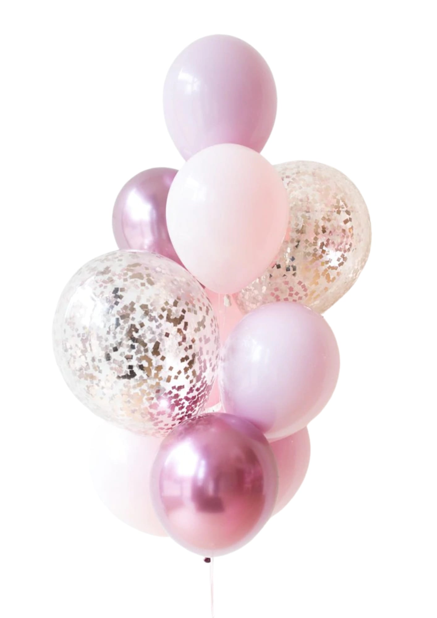 Cluster of pink and clear confetti balloons on a white background