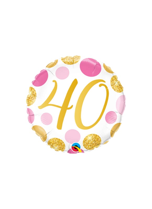 Round balloon with a gold "40" and pink polka dots