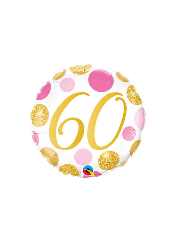 Round balloon with a gold "60" and pink and gold polka dots