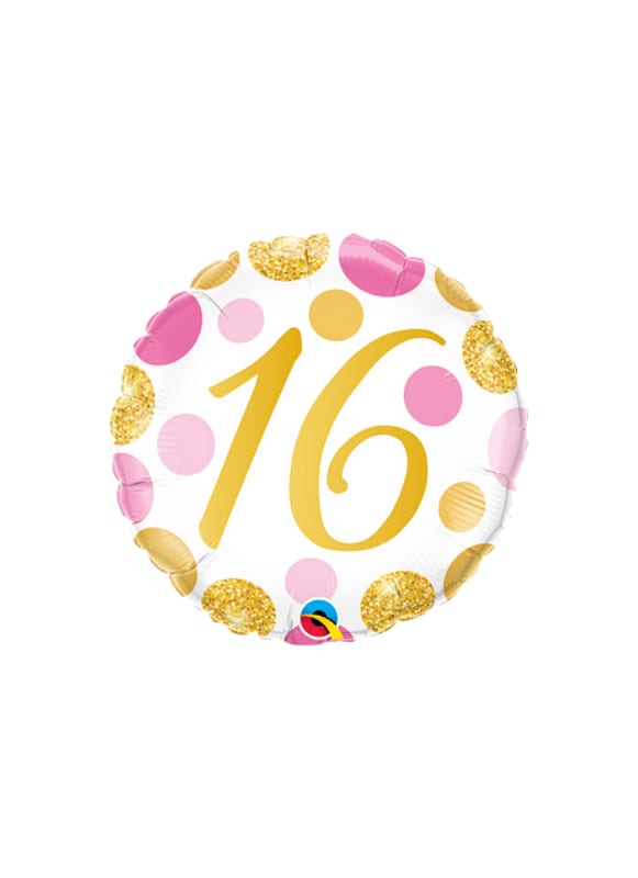 Round balloon with a gold "16" and pink and gold dots