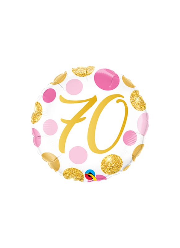 Round balloon with the number 70 in gold and pink polka dots