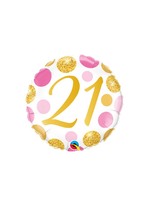 Round balloon with the number 21 in gold and pink polka dots