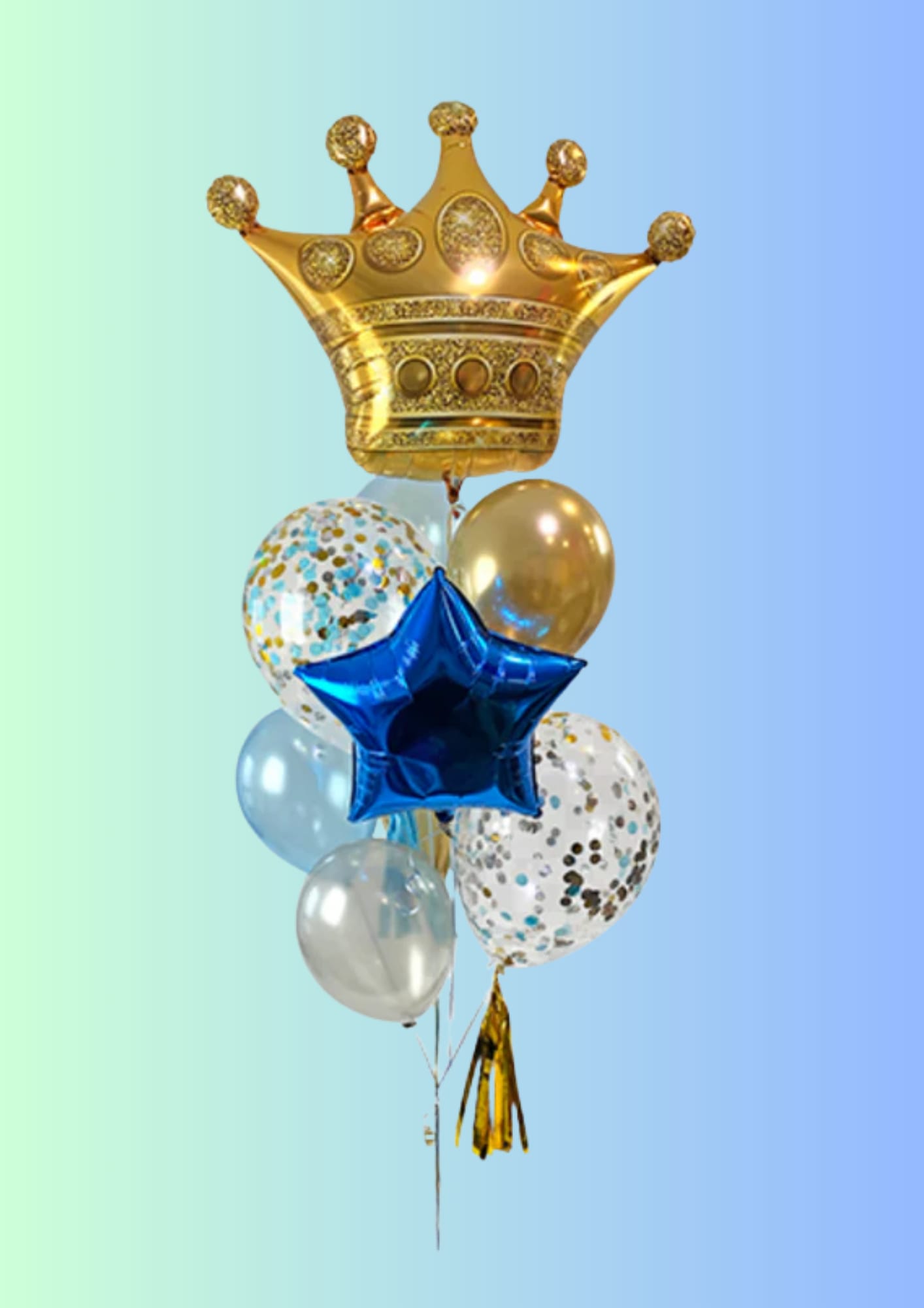 Gold crown balloon with blue star and confetti balloons