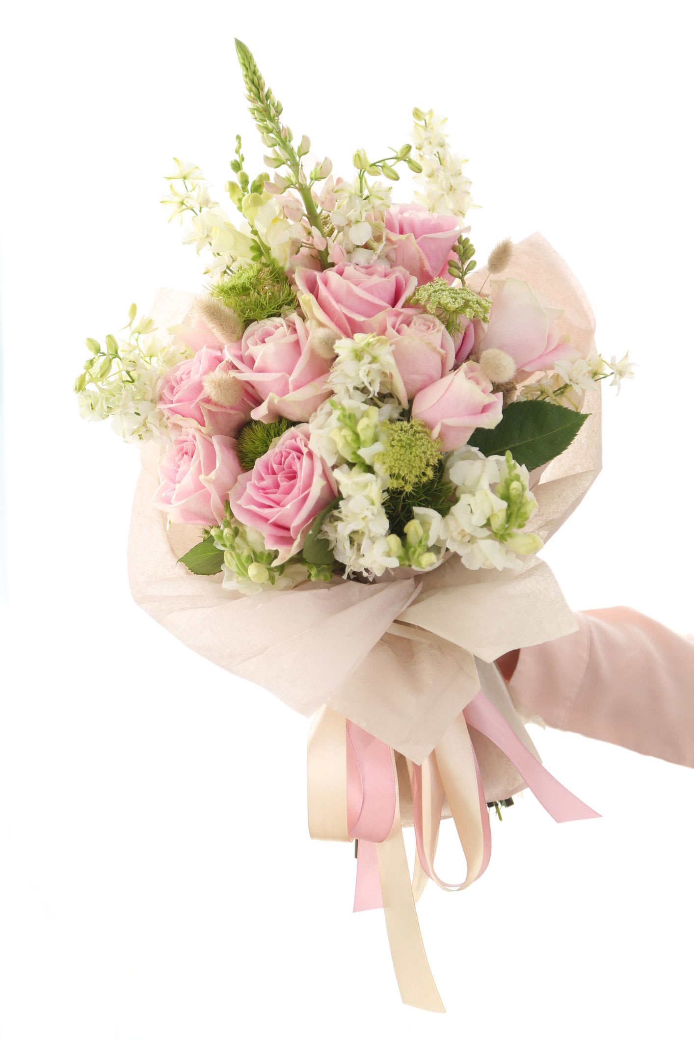 Pink rose bouquet with white flowers and ribbon wrap