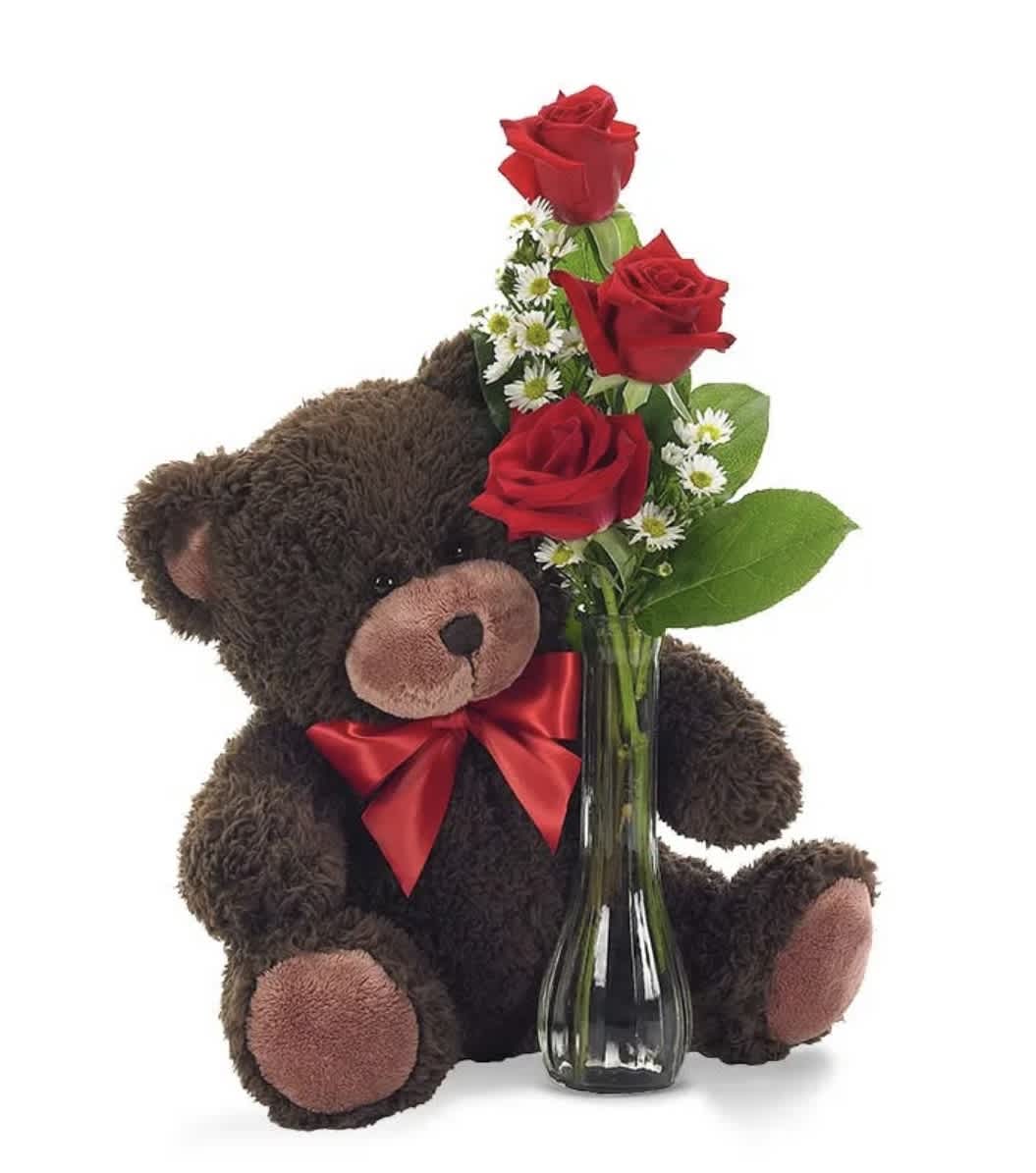 Classic Bud Vase Roses with Bear - Send a cute and cuddly gift with the Classic Bud Vase Roses with Bear. The red roses, which are perfect to send to a loved one who is dear to you are paired with the cutest plush teddy bear. The Classic Bud Vase Roses with Bear is a great gift to send to your daughter at school or to your loved one at home. Available for same day delivery.