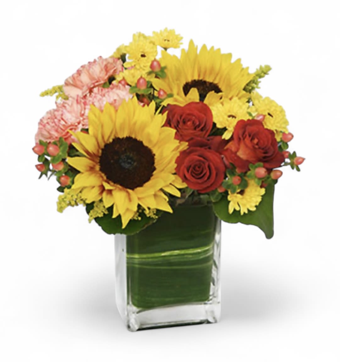 Bouquet of sunflowers, red roses, and pink carnations in a glass vase