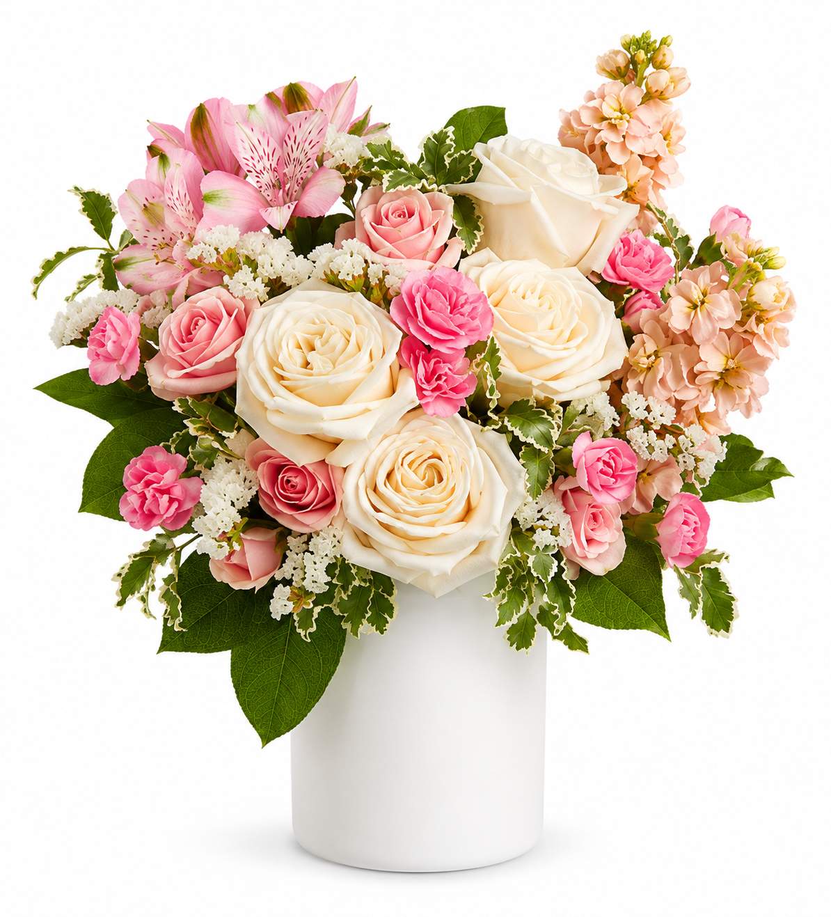 Pink and white roses with pink alstroemeria in a white vase