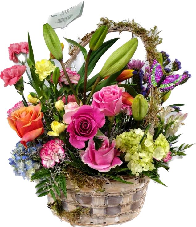 Mixed flower basket with roses, lilies, carnations, and a butterfly pick