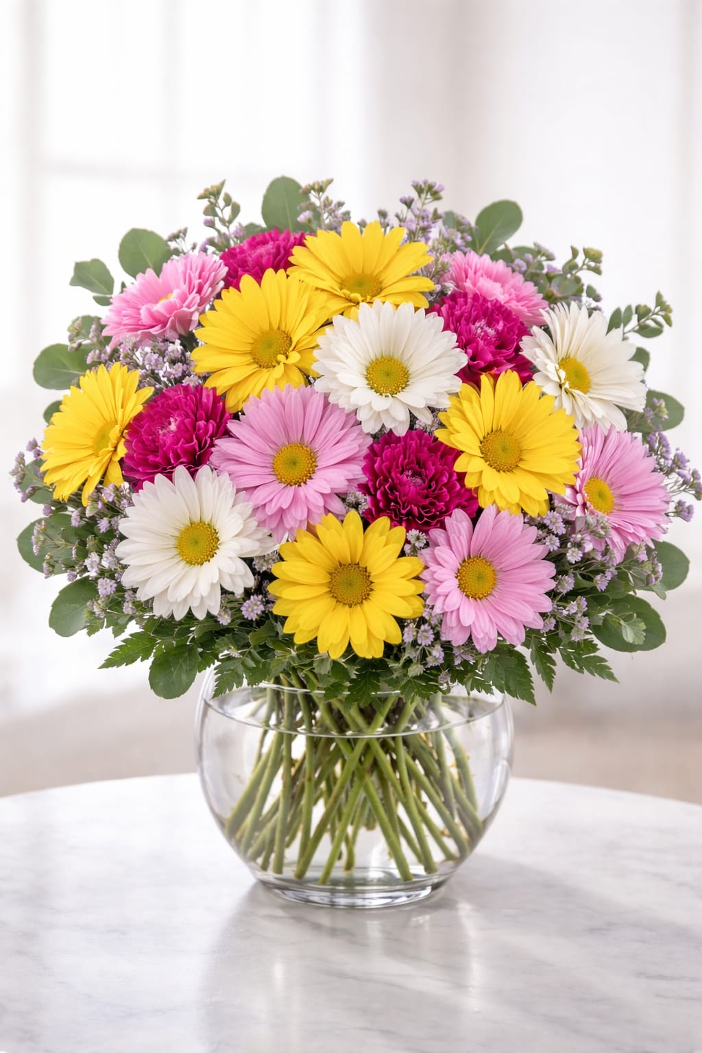  Floral angel - A lively, springlike bouquet that feels like sunshine in a vase-this Floral angel flower arrangement is a mixed-color gift perfect for a birthday bouquet, a get-well pick-me-up, or a cheerful everyday surprise. The rounded, abundant shape and bright palette of pink, yellow and white reads joyful and fresh, so the person you're thinking of will feel noticed and uplifted the moment it arrives.  Clusters of daisy-like blooms mingle with soft carnations in vivid magenta, while small lavender filler flowers add delicate contrast and texture. The blooms are gathered tightly into a balanced, full dome and presented in a clear glass vase so stems are visible through the water-an easy-care display that looks great on a kitchen table, desk, or bedside. Designed for casual gifting, this arrangement brings an upbeat, friendly presence to any room and requires only basic water changes to keep it looking bright.