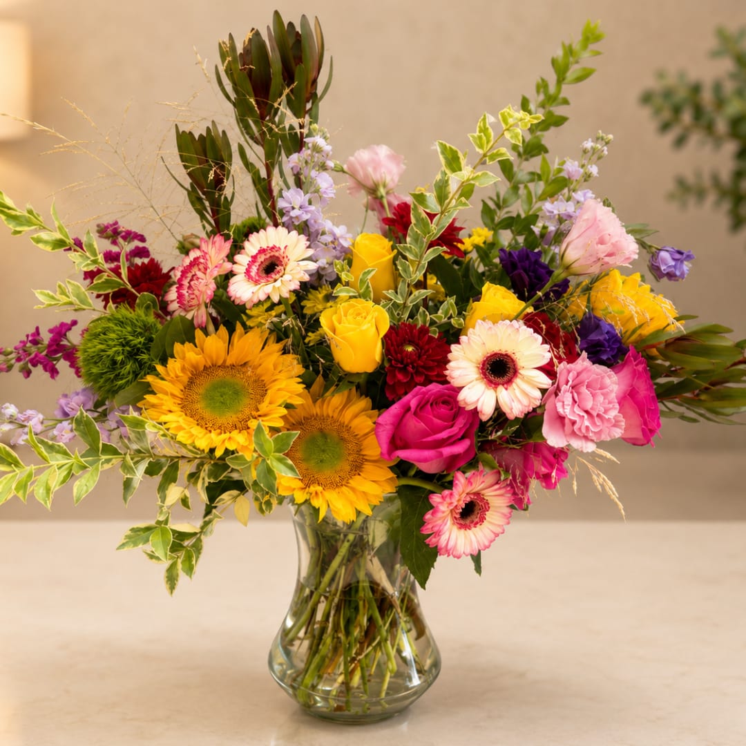 Mixed bouquet of bright flowers in a clear glass vase