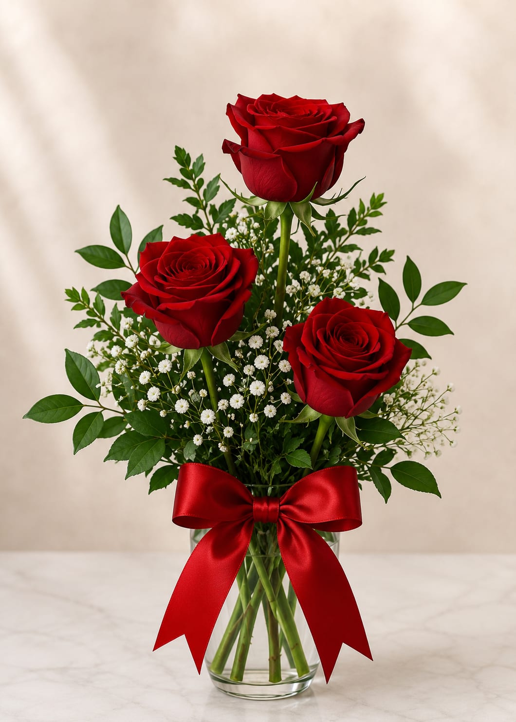 Three red roses in a glass vase with baby's breath and a red ribbon
