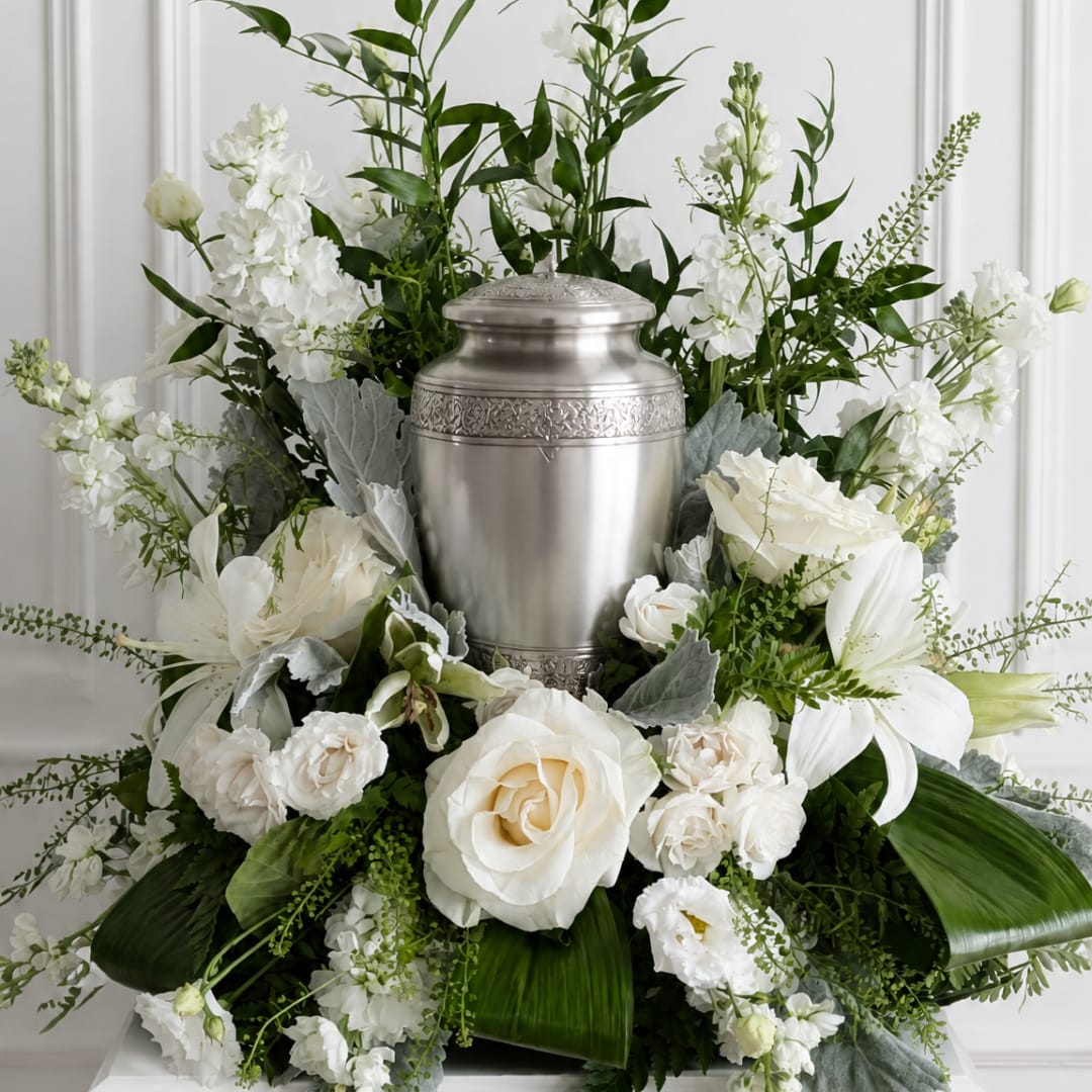 White floral funeral urn arrangement with roses and lilies