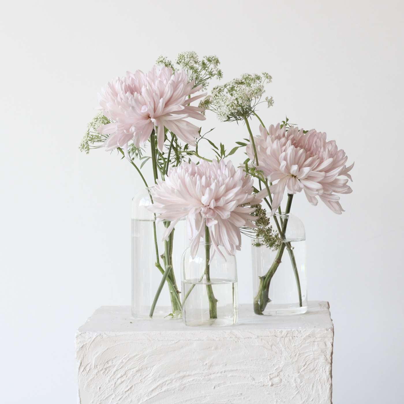 Pale pink flowers arranged in clear glass vases on a white pedestal.