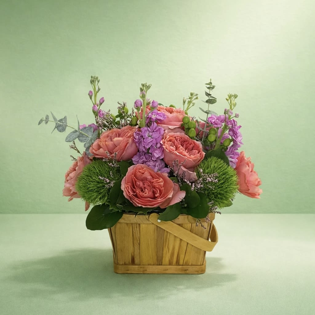 Garden Party Blooms - A tender celebration of spring's softest hues, where coral garden roses nestle among lavender stock and vibrant green blooms.