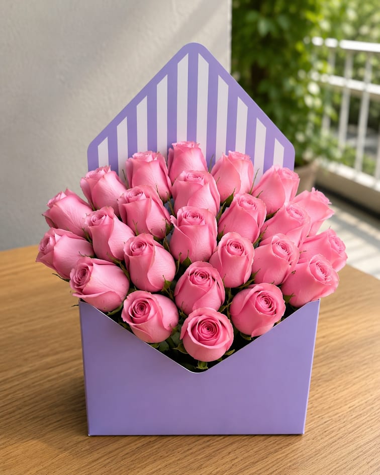 Pink roses arranged in a lavender gift box