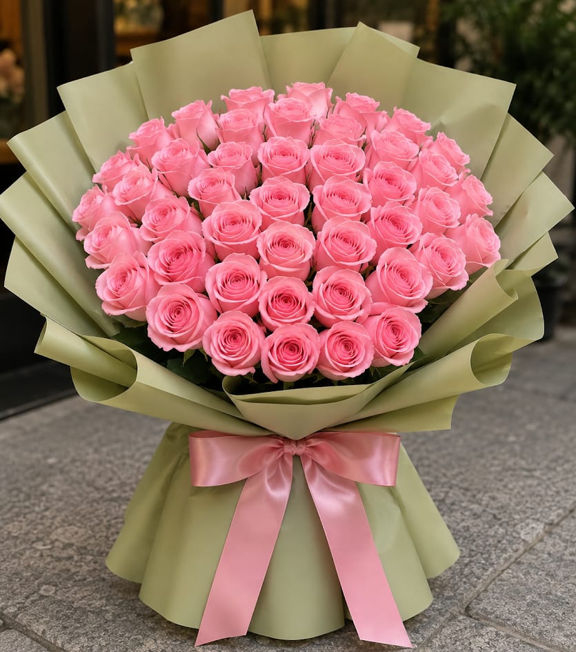 Large bouquet of pink roses wrapped in pale green paper with a pink ribbon