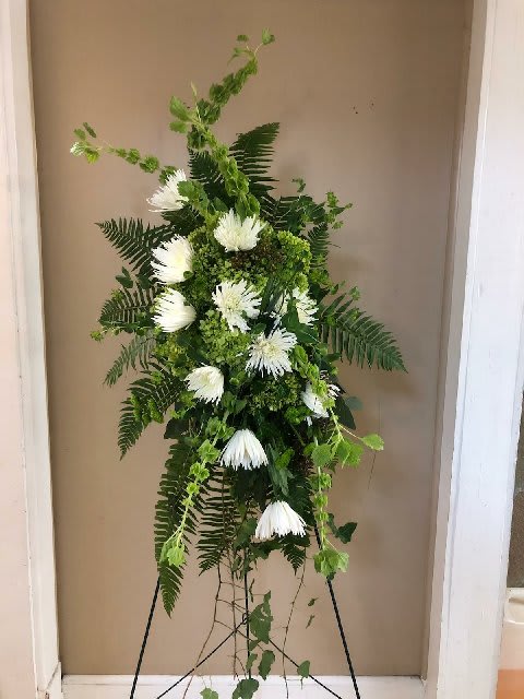 Garden of Green FRESH Spray - A beautifully unique spray of mixed fresh florals. White spider mums top off this spray with a mixture of fern, ivy, green hydrangeas, poms. 