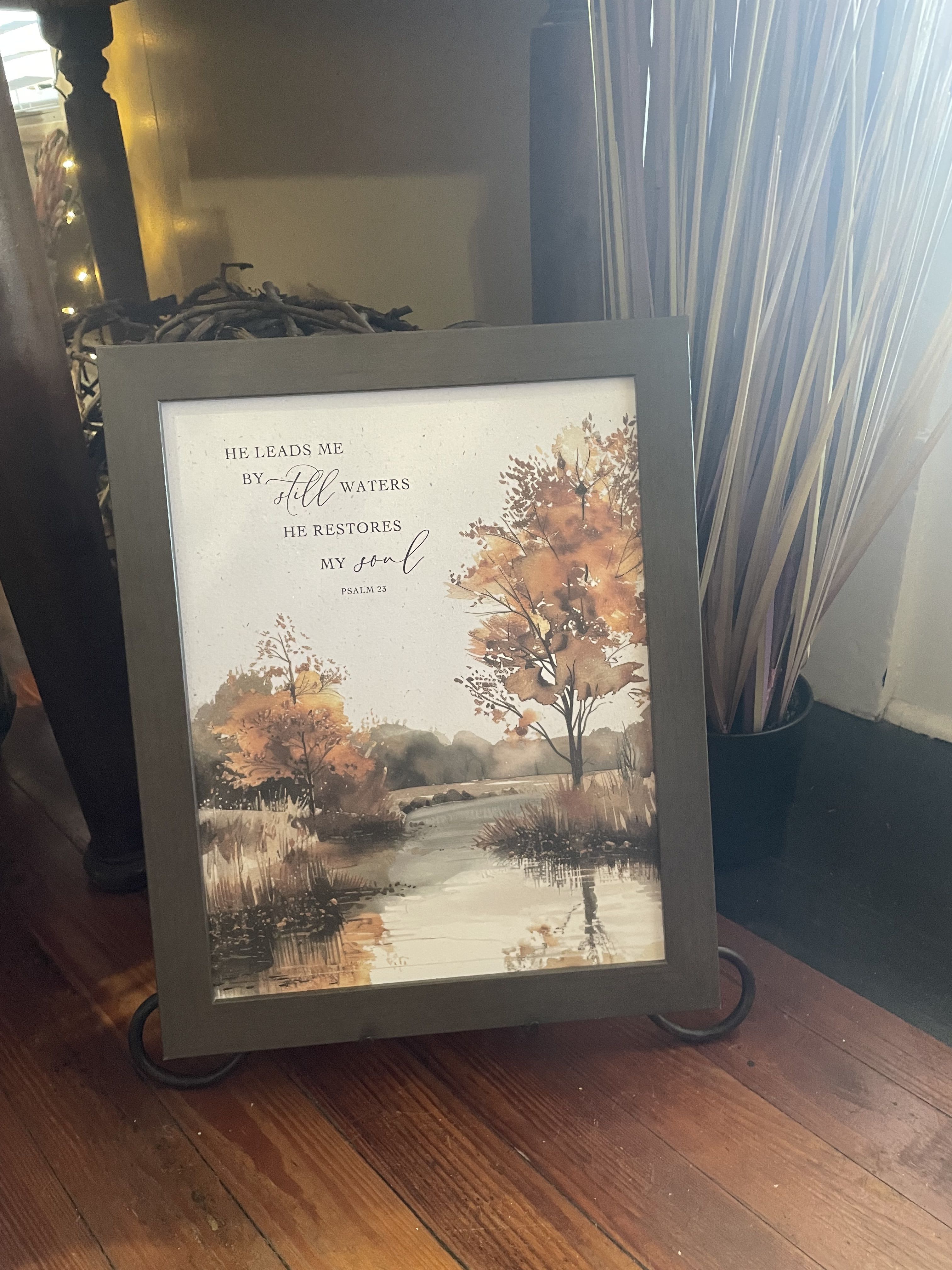 Framed Psalm 23 wall art with an autumn landscape
