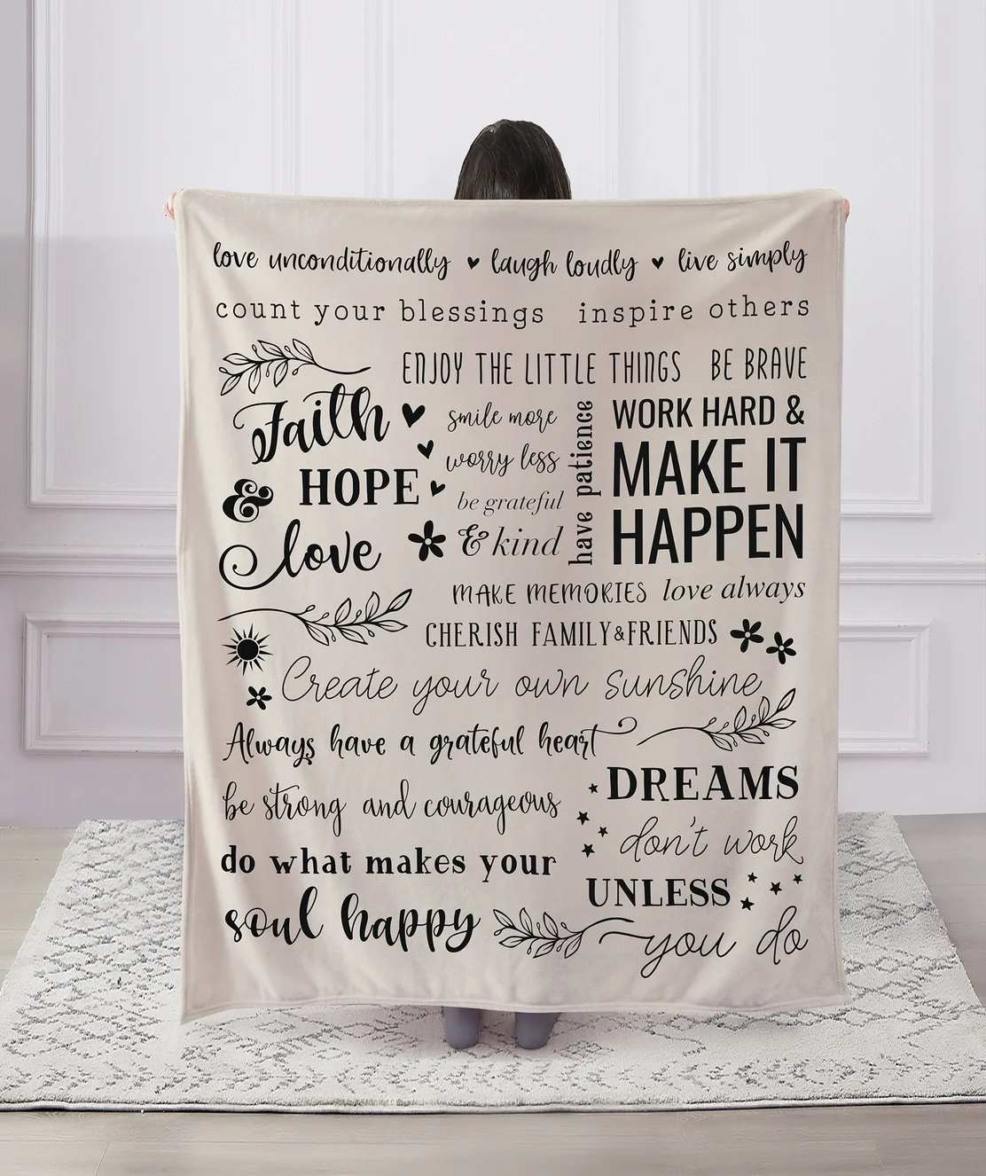 Faith Hope Love Plush Throw - Regal Comfort® 1-Ply Faux Fur™ Sentimental Sayings Throw. Perfect as a gift, our Sentimental Sayings Throws are a great way for expressing joyous feelings. Exceptionally soft to the touch with the deep lush faux fur and covered in positive messages. 50x60 