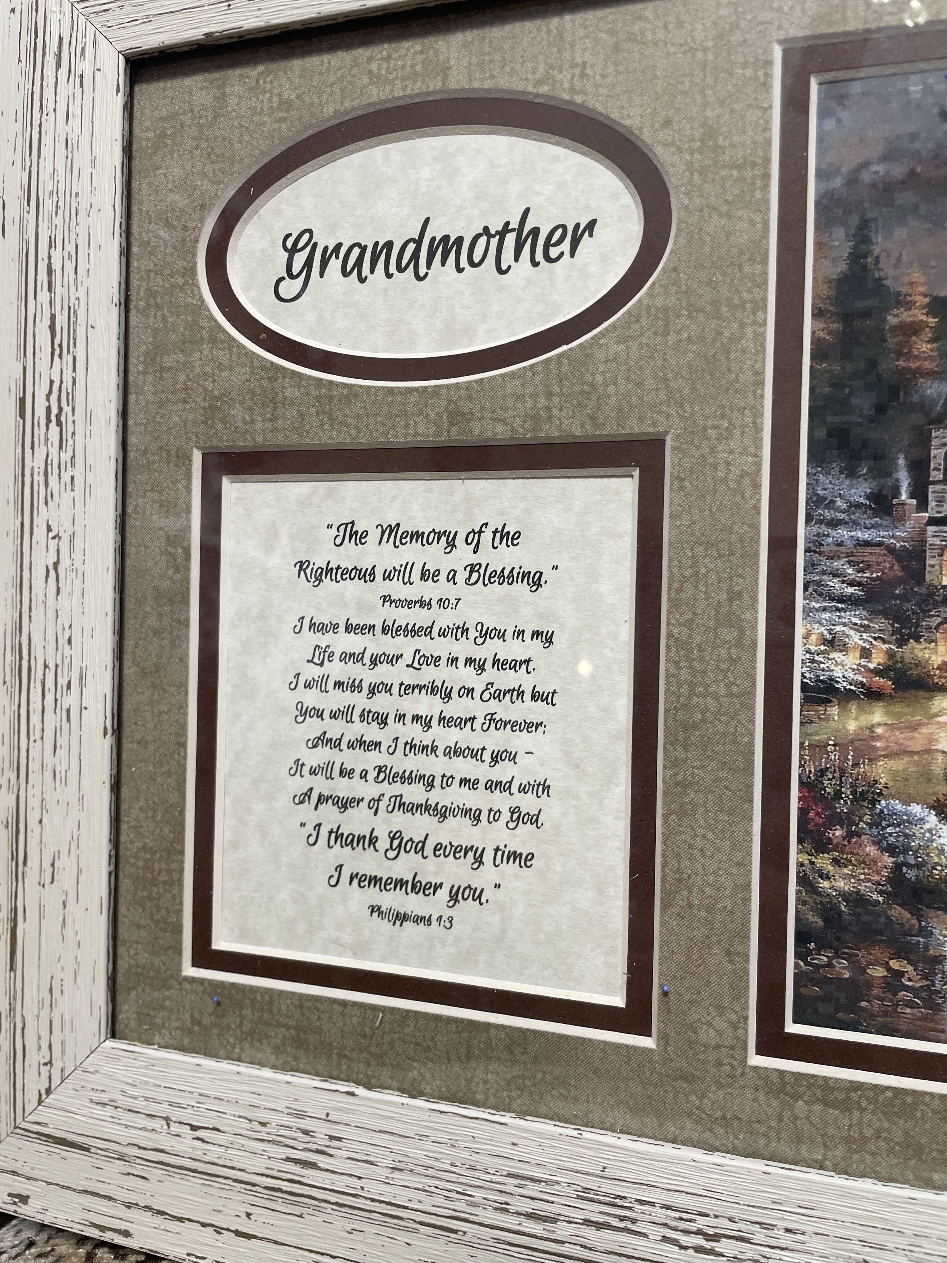 Framed memorial plaque labeled Grandmother with a Bible verse