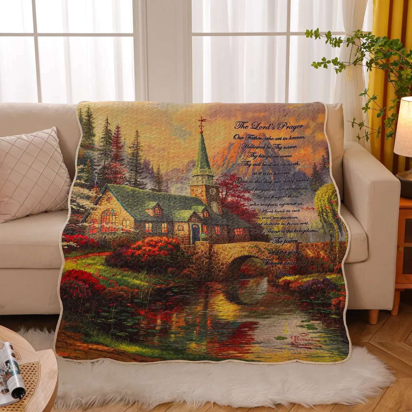 Lord’s Prayer Quilt Throw - 50x60 Delivered on a stand for funeral services or wrapped for home deliver. A beautiful quilted throw. With a church scene and embroidery.Available in different color patterns. Call if you have a preference to see what is available.