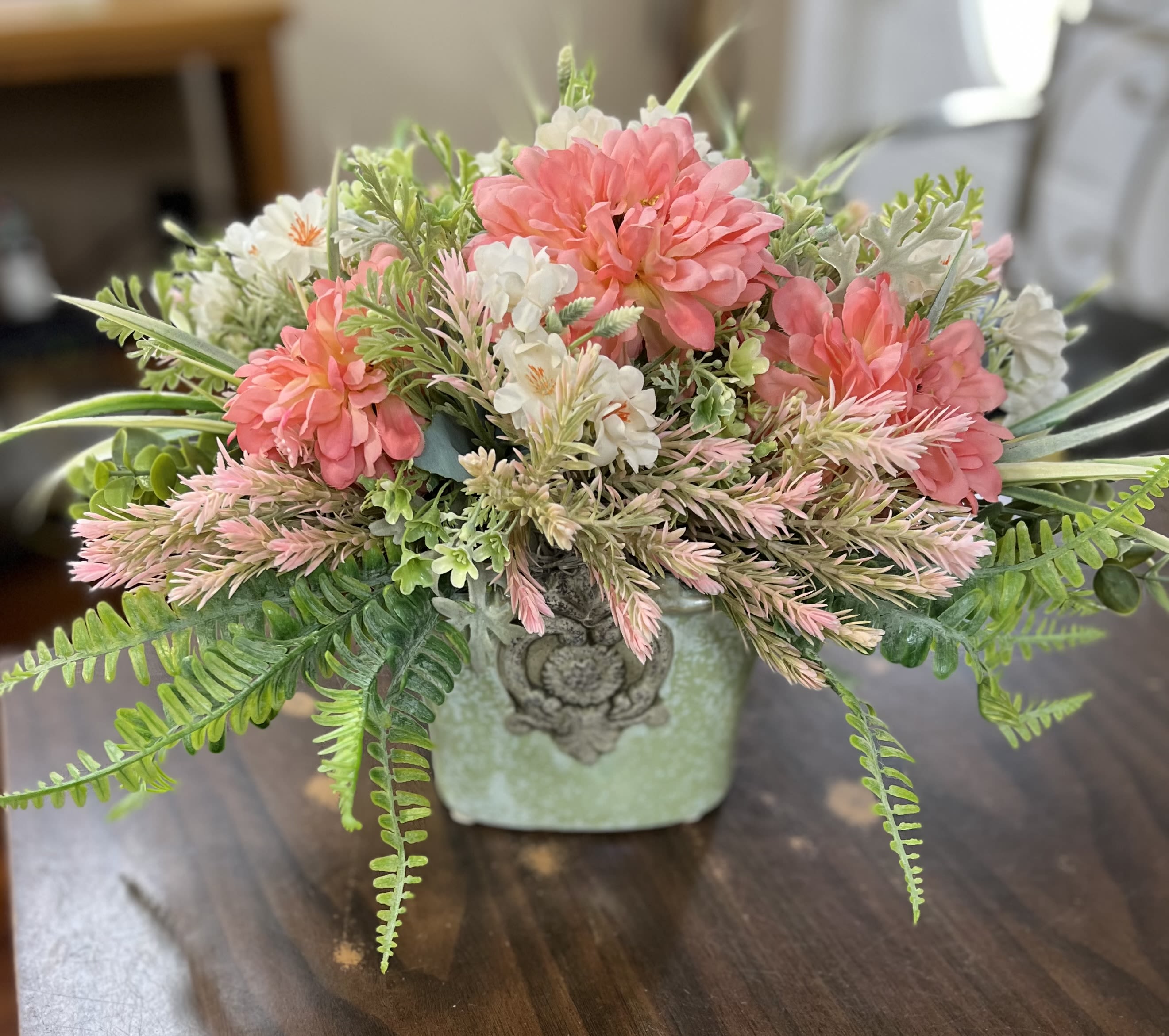 Perfectly Peachy Silk - A springy arrangement designed in a ceramic urn bursting with beautiful silk blooms: