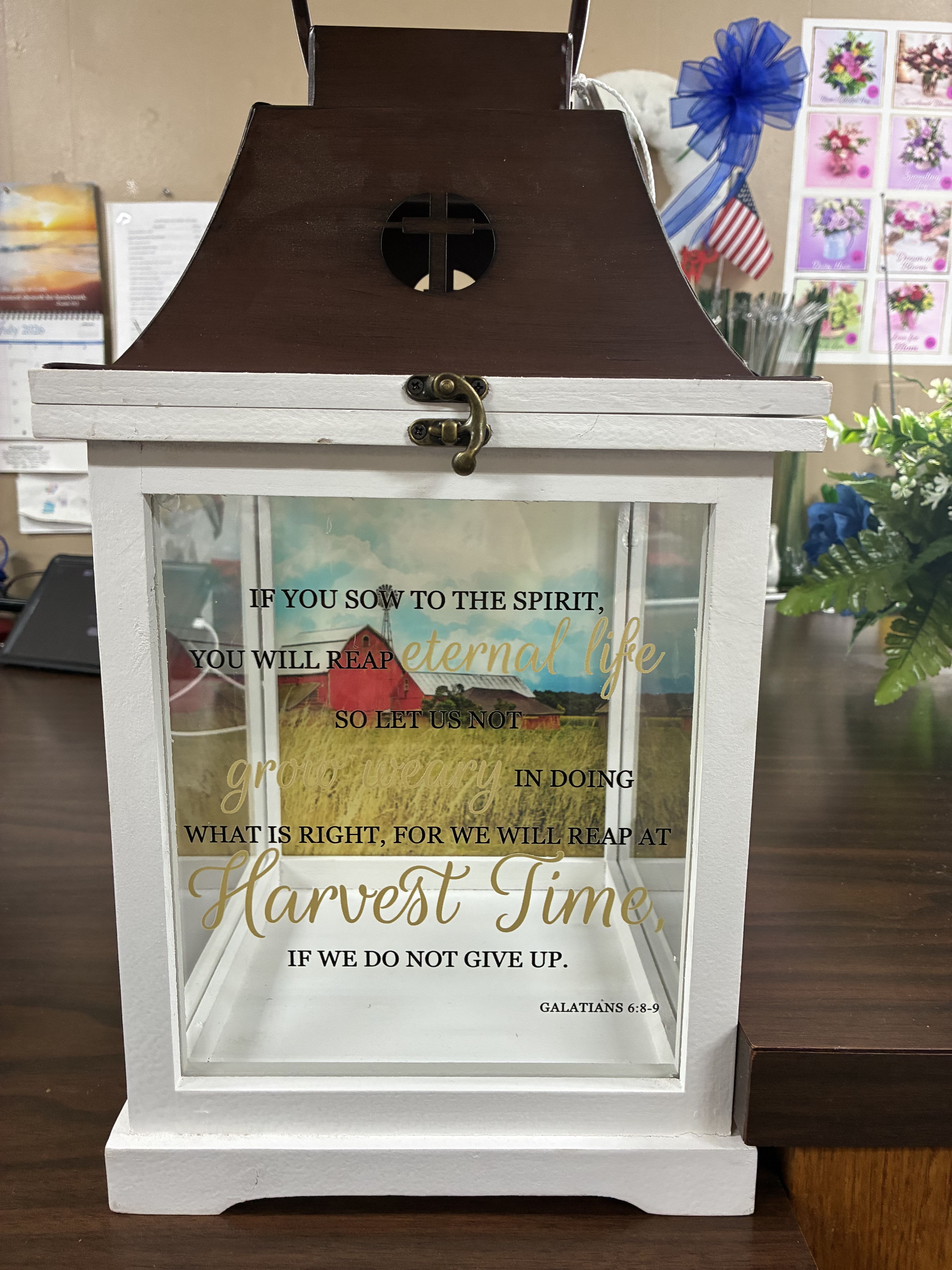 Large Harvest Lantern  - A large rustic lantern with a beautiful barn and verse  inside. This lantern has a unique flair and would be appropriate for any occasion.  Ribbons will be added before delivery.