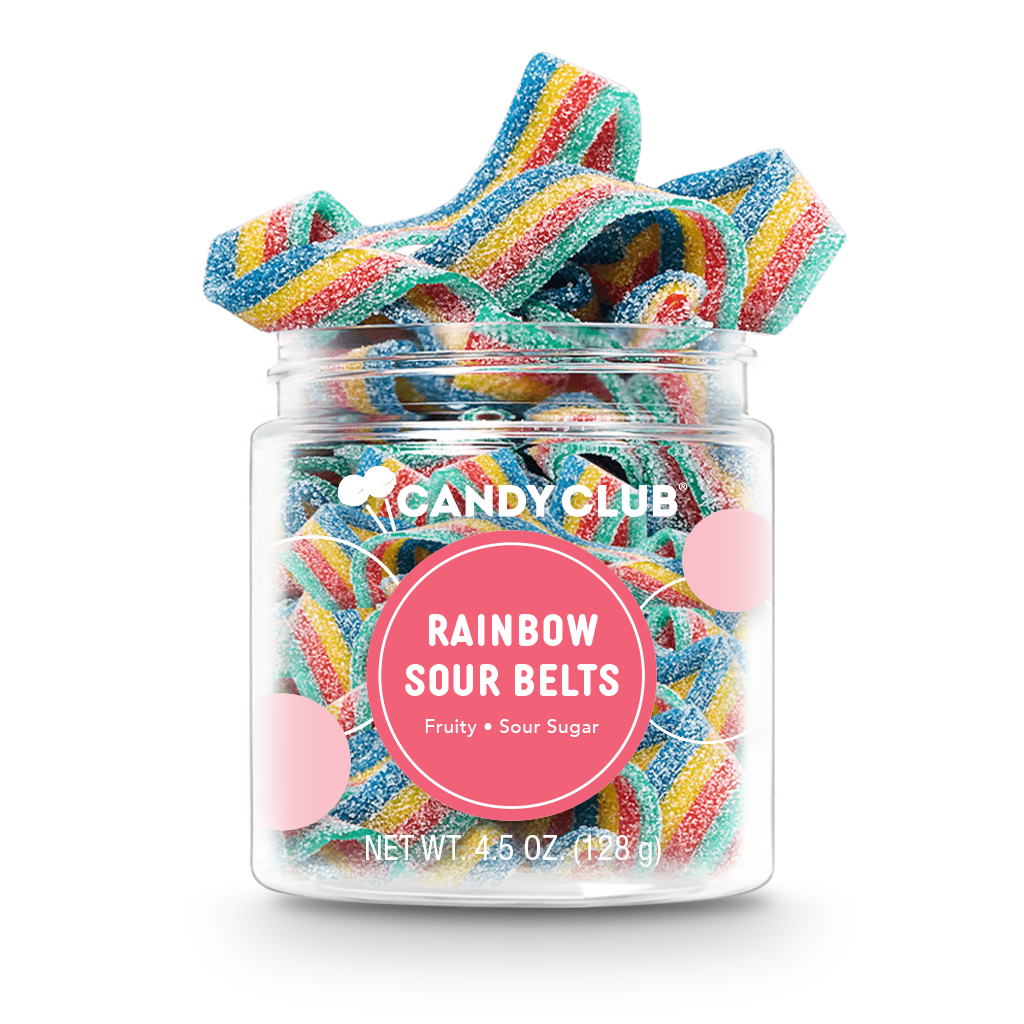 Clear jar filled with colorful rainbow sour belt candies with a pink round label on the front