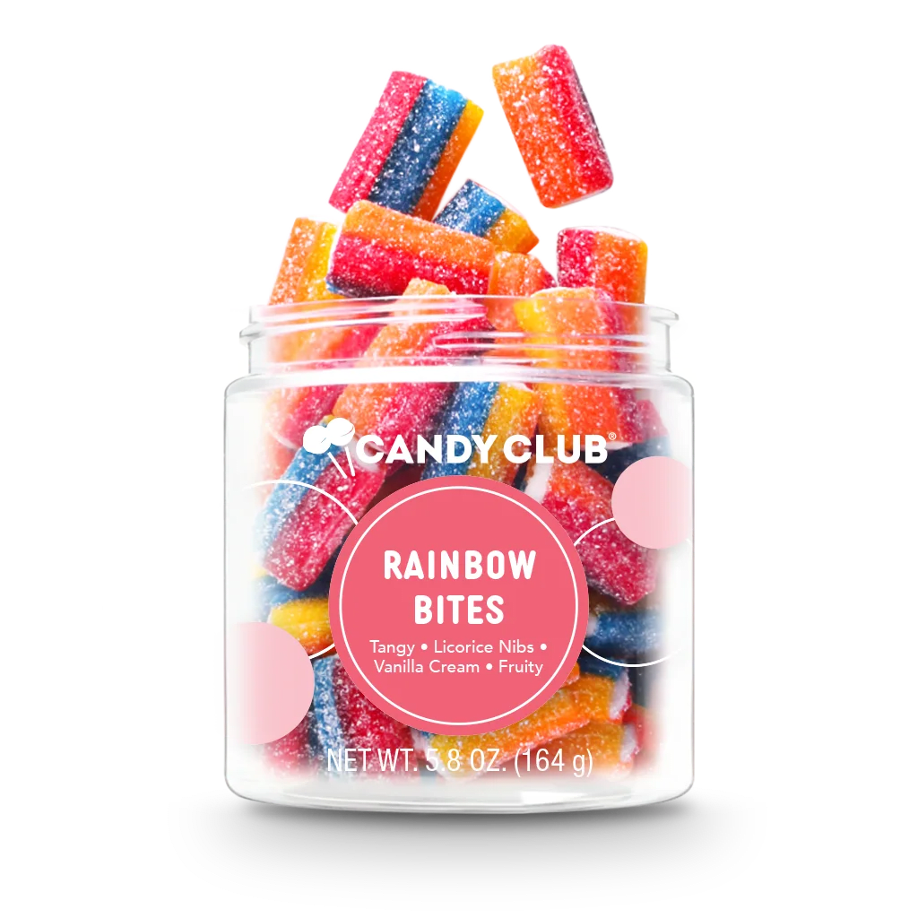 Jar of multicolor sugar-coated gummy rainbow bites with a pink label