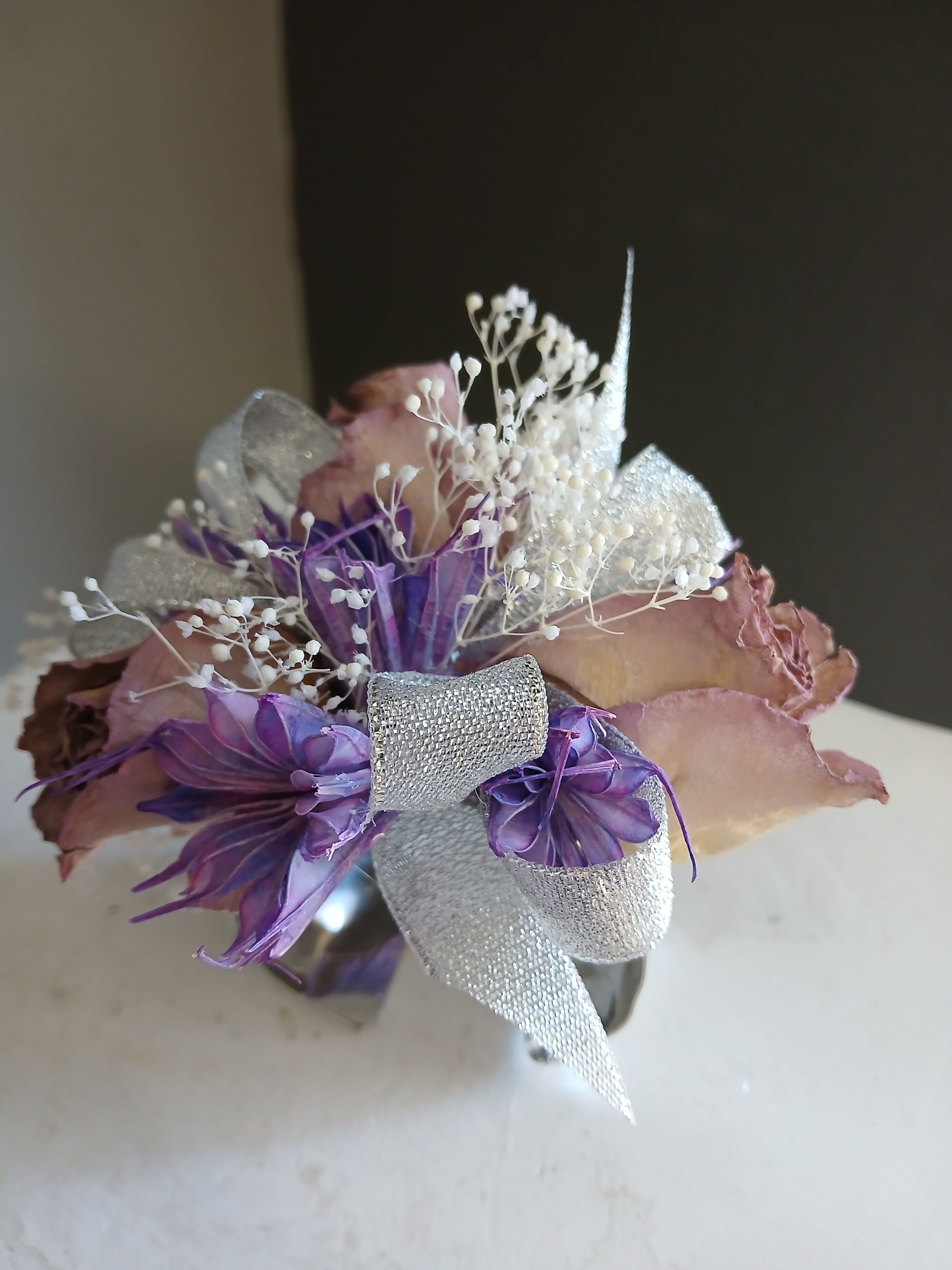 Violet and silver dried flower corsage - Dried corsage to keep long after the dance is over. 