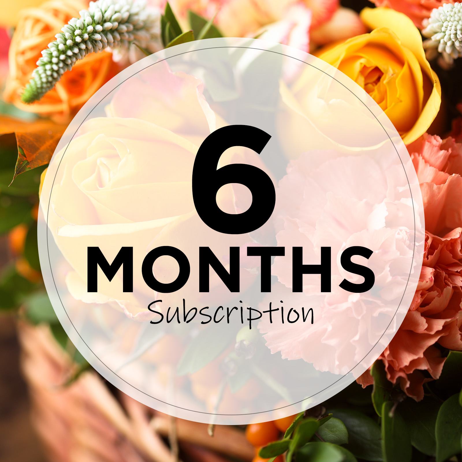 Mixed bouquet with roses and carnations overlaid by a 6 months subscription badge