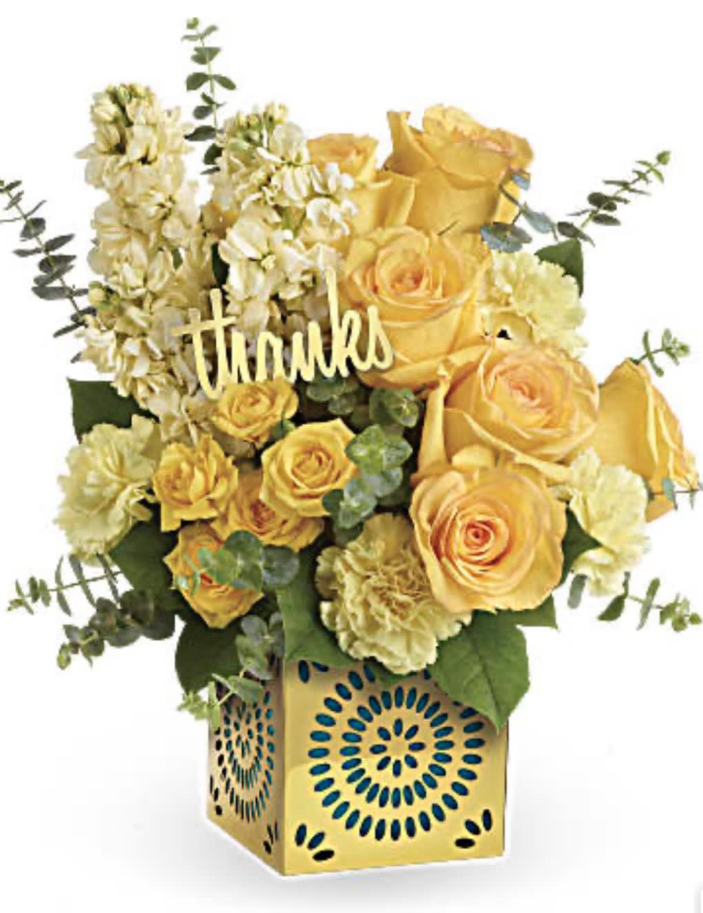Yellow roses and carnations in a decorative box with a "thanks" sign