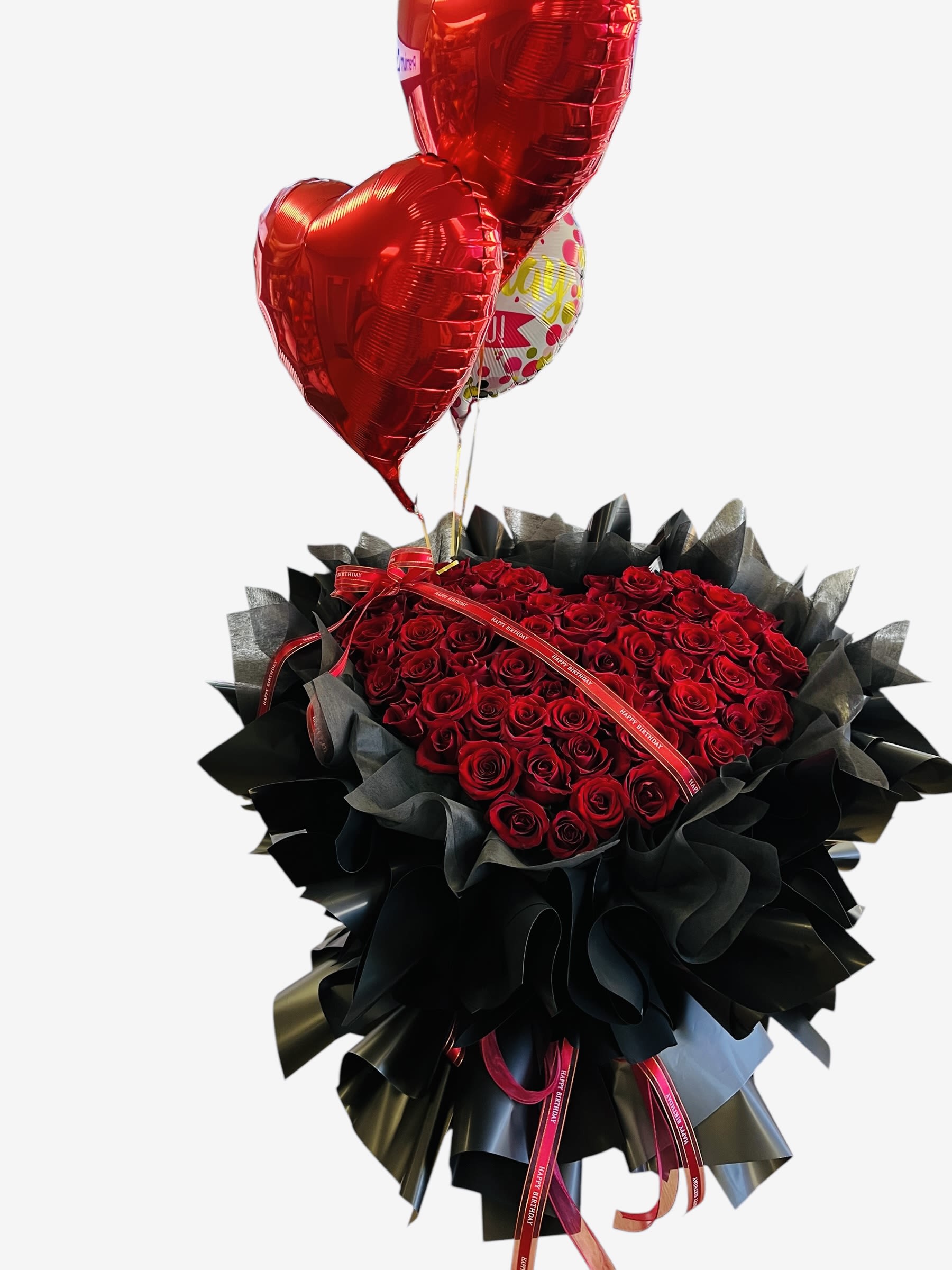 Heart shaped bouquet  - We have 50 stems and 66 stems roses options （ rose color optional.Please schedule order ahead.) Comes with 3pc Heart shape balloons, colorful flashlight and Love gift card.  No need to unpack the package . Comes with floral foam gives flowers all the nutrition and moisture it needs.