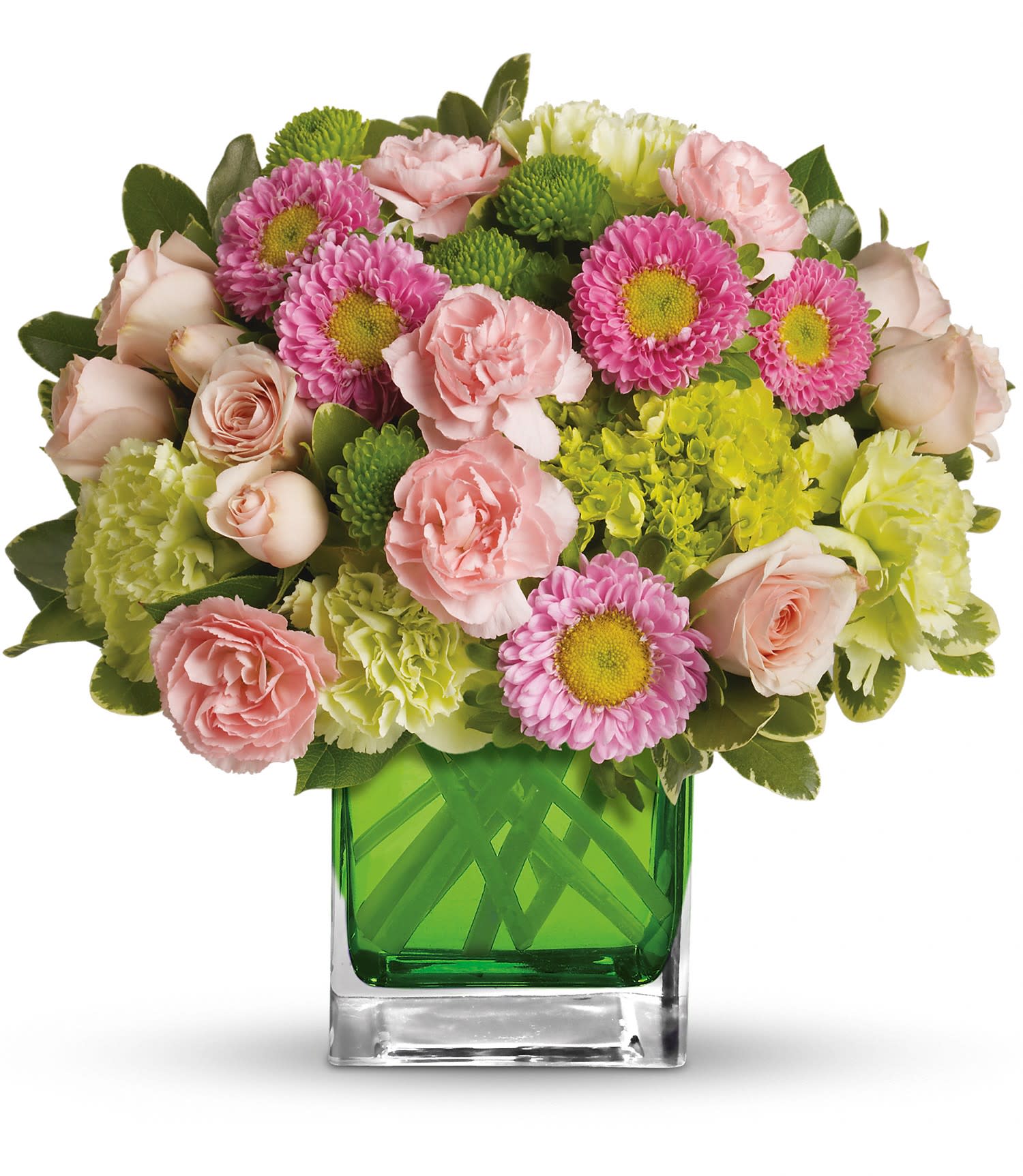 Pink and green mixed flower arrangement in a square glass vase